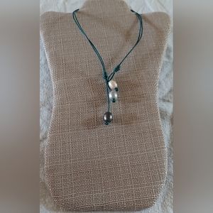 Handmade Pink, Silver & Peacock Pearl And Blue/Green Leather 2-Way Necklace
